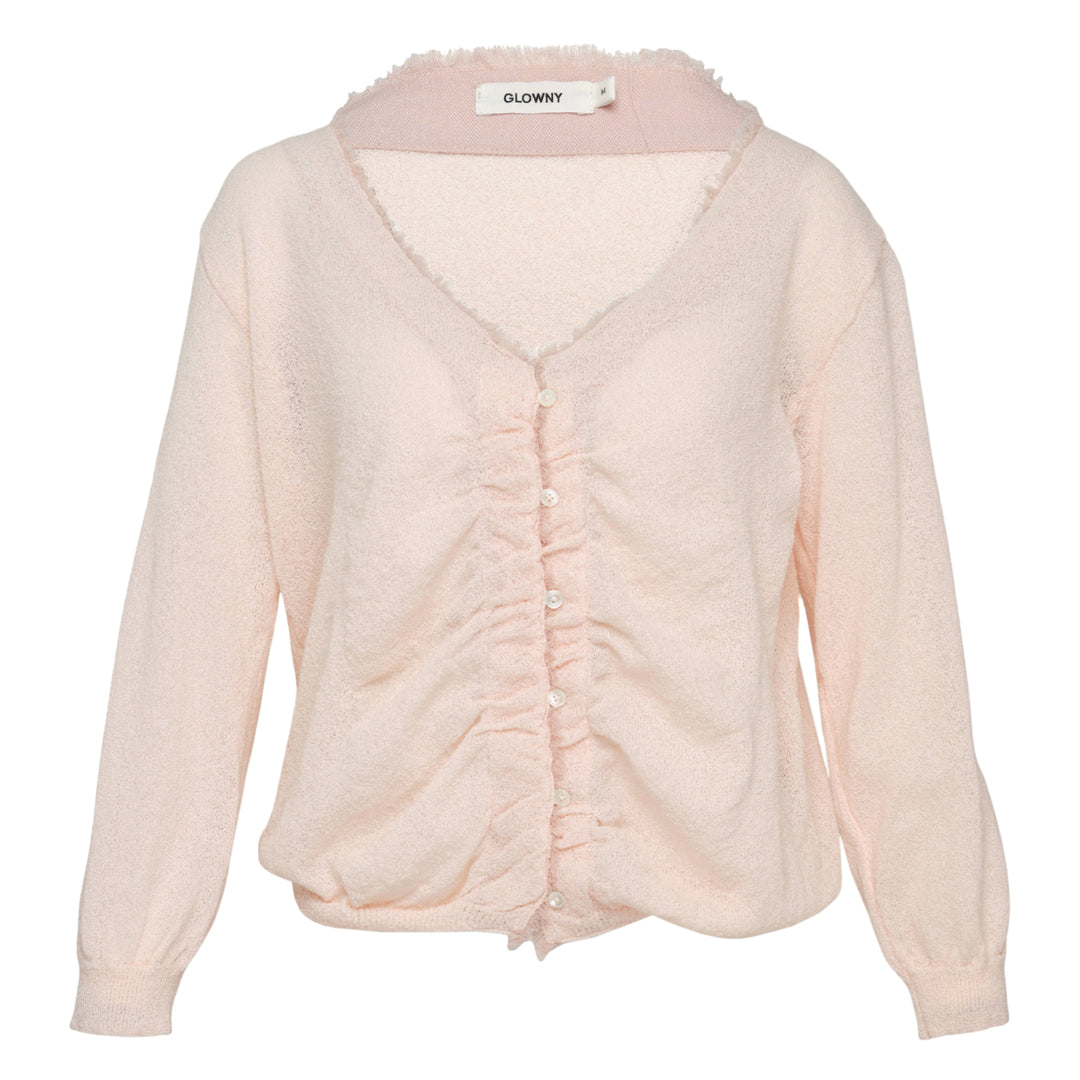 Glowny Sherbet V-Neck Fringe Cardigan in blush pink with ruched button-front placket, fringe-trimmed collar, and long sleeves with ribbed cuffs