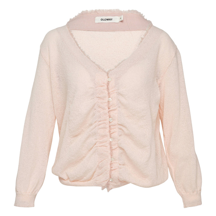 Glowny Sherbet V-Neck Fringe Cardigan in blush pink with ruched button-front placket, fringe-trimmed collar, and long sleeves with ribbed cuffs