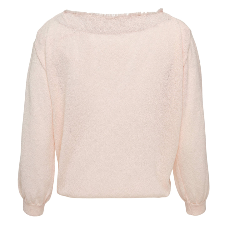 Glowny Sherbet V-Neck Fringe Cardigan in blush pink with ruched button-front placket, fringe-trimmed collar, and long sleeves with ribbed cuffs
