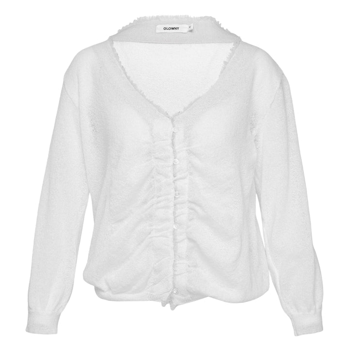 Glowny Sherbet V-Neck Fringe Cardigan in blush pink with ruched button-front placket, fringe-trimmed collar, and long sleeves with ribbed cuffs
