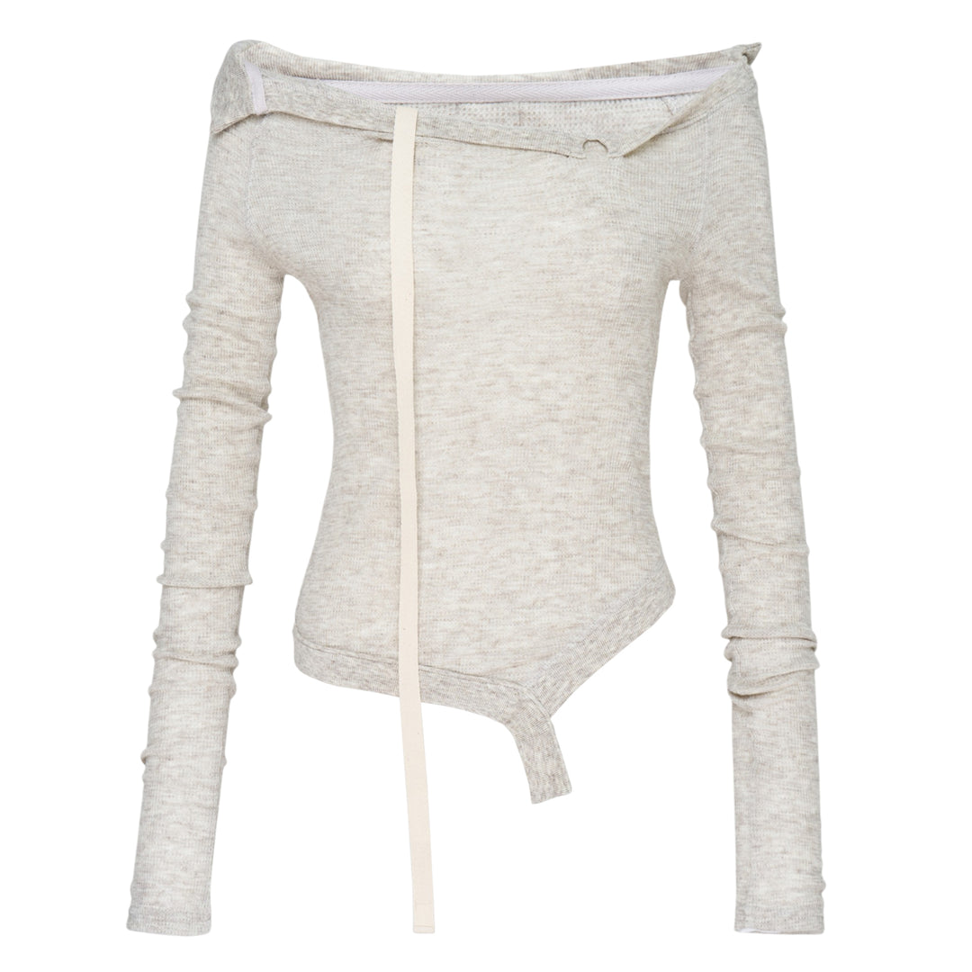 Glowny Demi Soft Breeze Long Sleeve Top in heather grey ribbed knit with off-shoulder neckline, vertical strap detail, and asymmetric hem