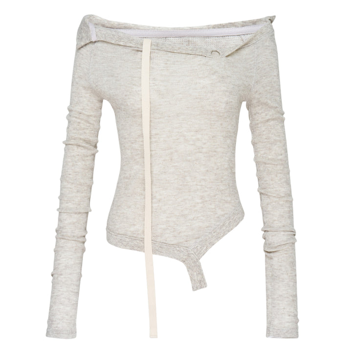 Glowny Demi Soft Breeze Long Sleeve Top in heather grey ribbed knit with off-shoulder neckline, vertical strap detail, and asymmetric hem