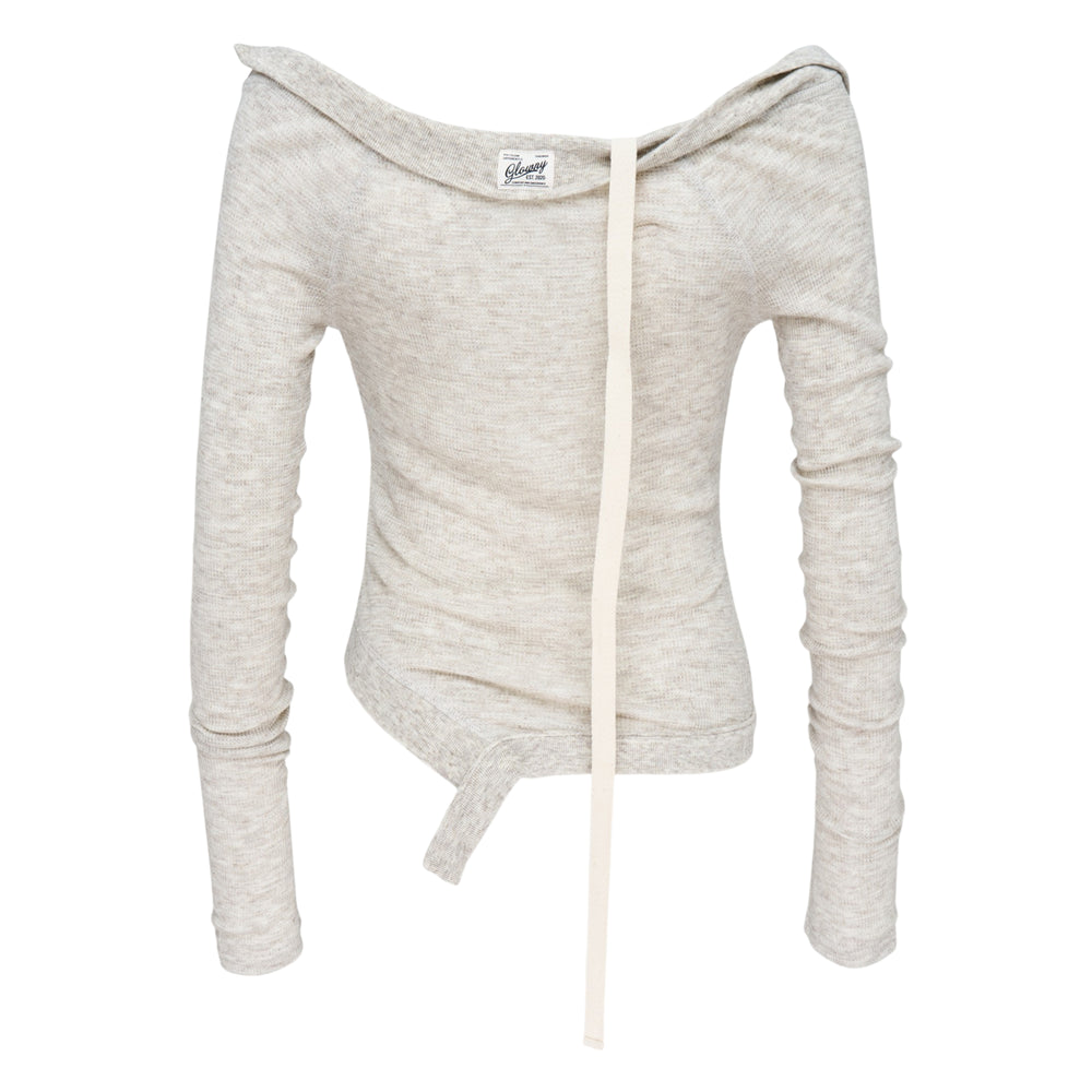 Glowny Demi Soft Breeze Long Sleeve Top in heather grey ribbed knit with off-shoulder neckline, vertical strap detail, and asymmetric hem