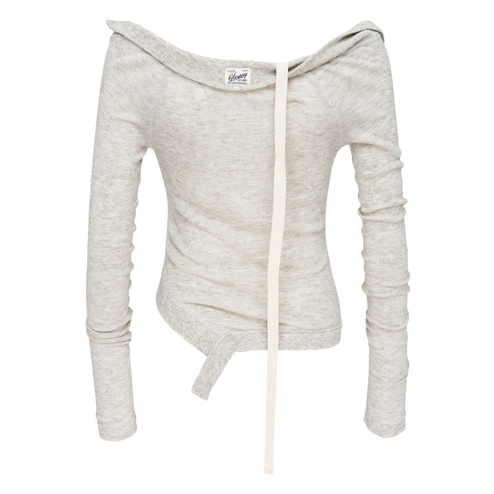 Glowny Demi Soft Breeze Long Sleeve Top in heather grey ribbed knit with off-shoulder neckline, vertical strap detail, and asymmetric hem