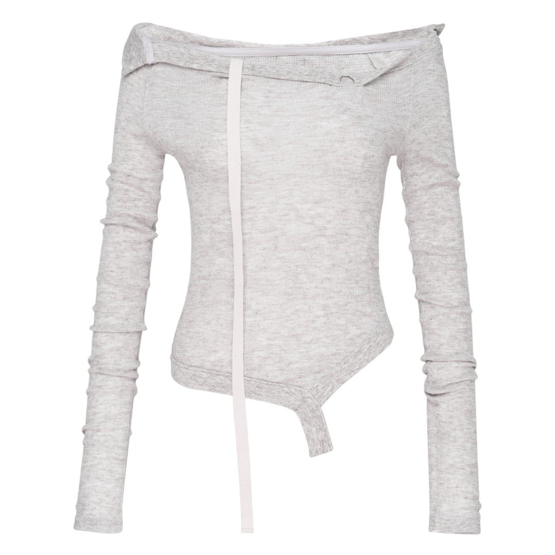 Glowny Demi Soft Breeze Long Sleeve Top in heather grey ribbed knit with off-shoulder neckline, vertical strap detail, and asymmetric hem