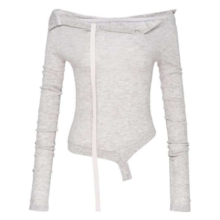 Glowny Demi Soft Breeze Long Sleeve Top in heather grey ribbed knit with off-shoulder neckline, vertical strap detail, and asymmetric hem