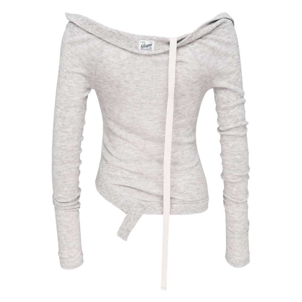 Glowny Demi Soft Breeze Long Sleeve Top in heather grey ribbed knit with off-shoulder neckline, vertical strap detail, and asymmetric hem