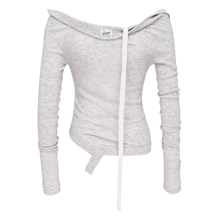 Glowny Demi Soft Breeze Long Sleeve Top in heather grey ribbed knit with off-shoulder neckline, vertical strap detail, and asymmetric hem