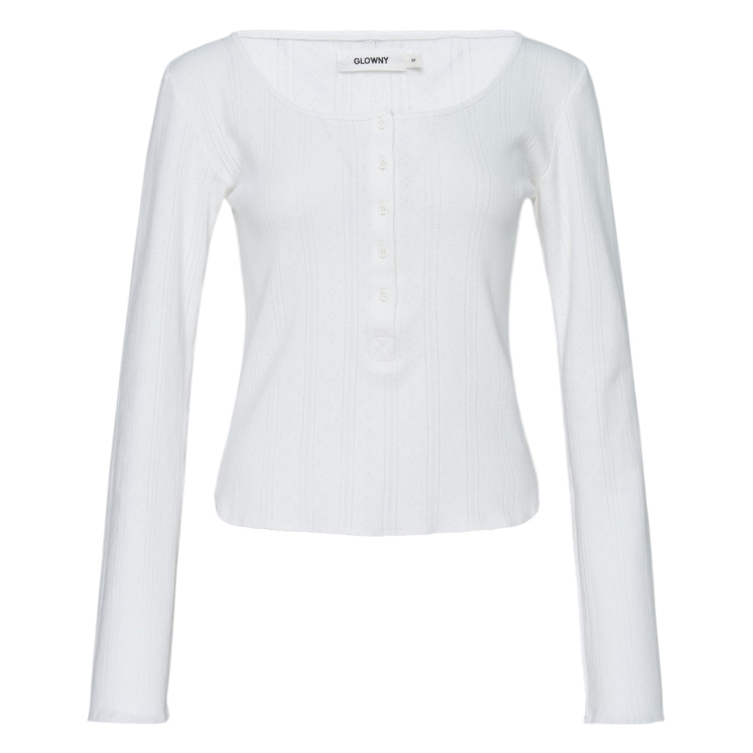 Glowny Honey Eyelet Button Long Sleeve Top in heather grey ribbed knit with tonal button placket and scoop neckline