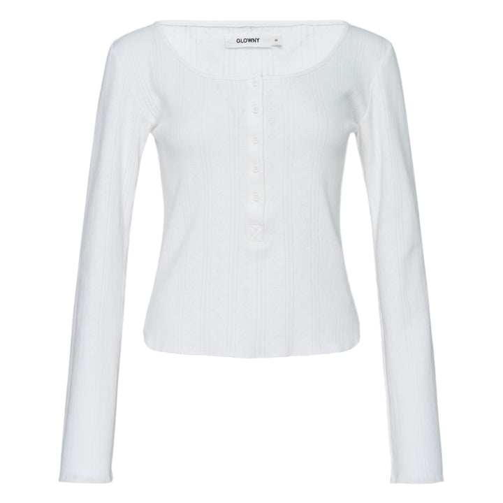 Glowny Honey Eyelet Button Long Sleeve Top in heather grey ribbed knit with tonal button placket and scoop neckline