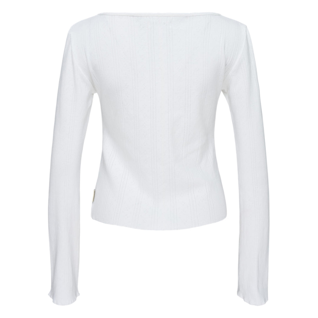 Glowny Honey Eyelet Button Long Sleeve Top in heather grey ribbed knit with tonal button placket and scoop neckline