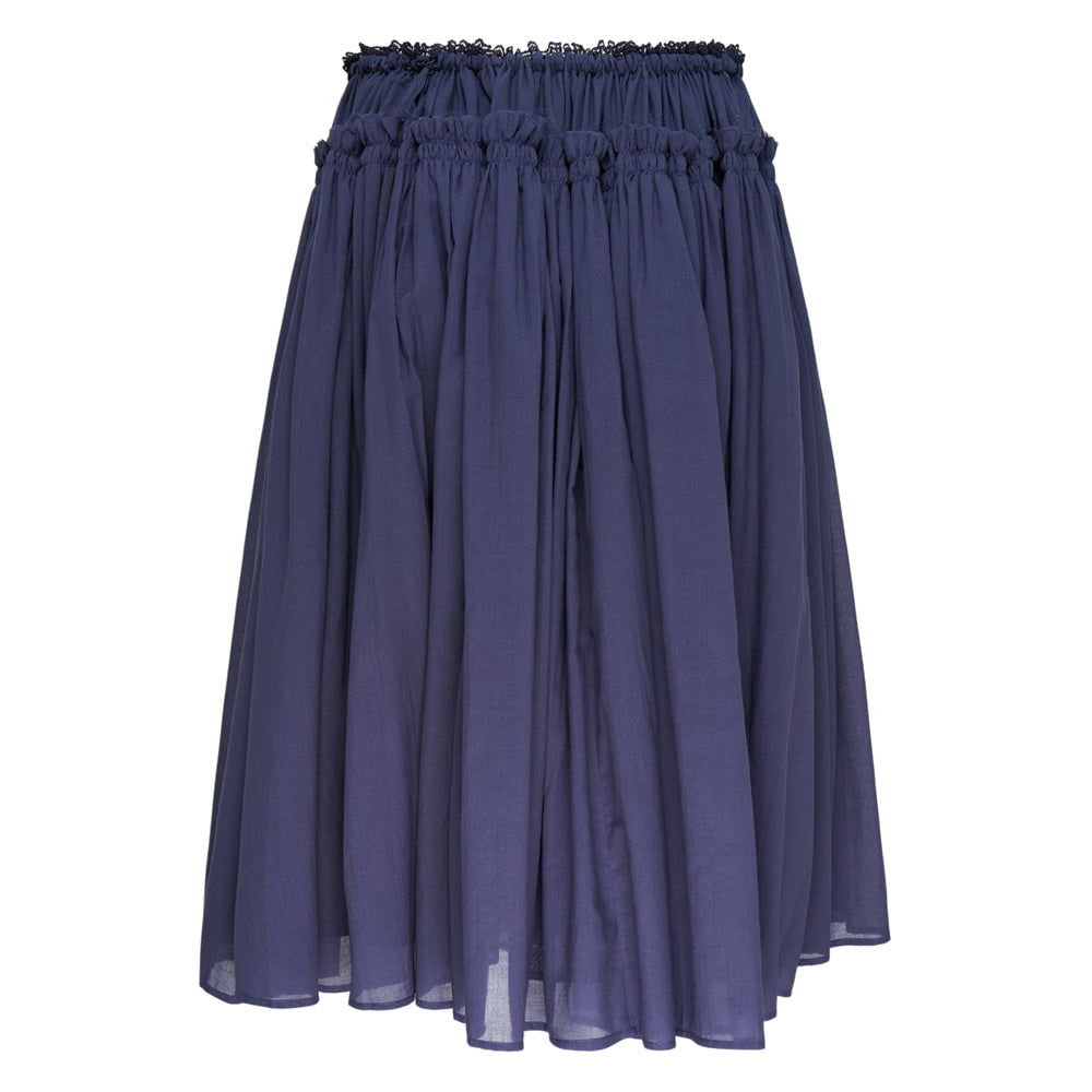 Glowny Lace String Gathered Skirt in soft grey with multi-row shirred waistband and braided drawstring, displayed flat on white background