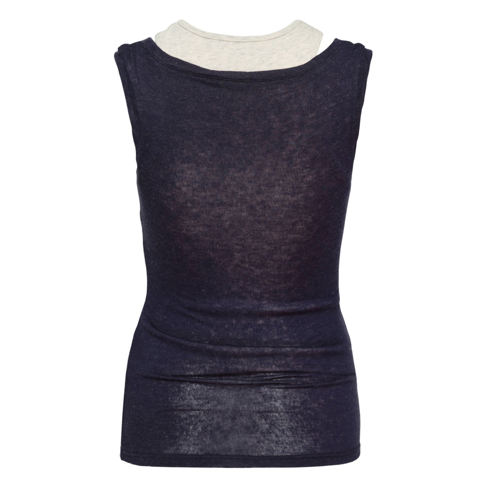 Glowny Soft Layered Scoop Top featuring a semi-sheer navy outer tank over an attached ribbed cream inner, displayed on a flat lay against a white background
