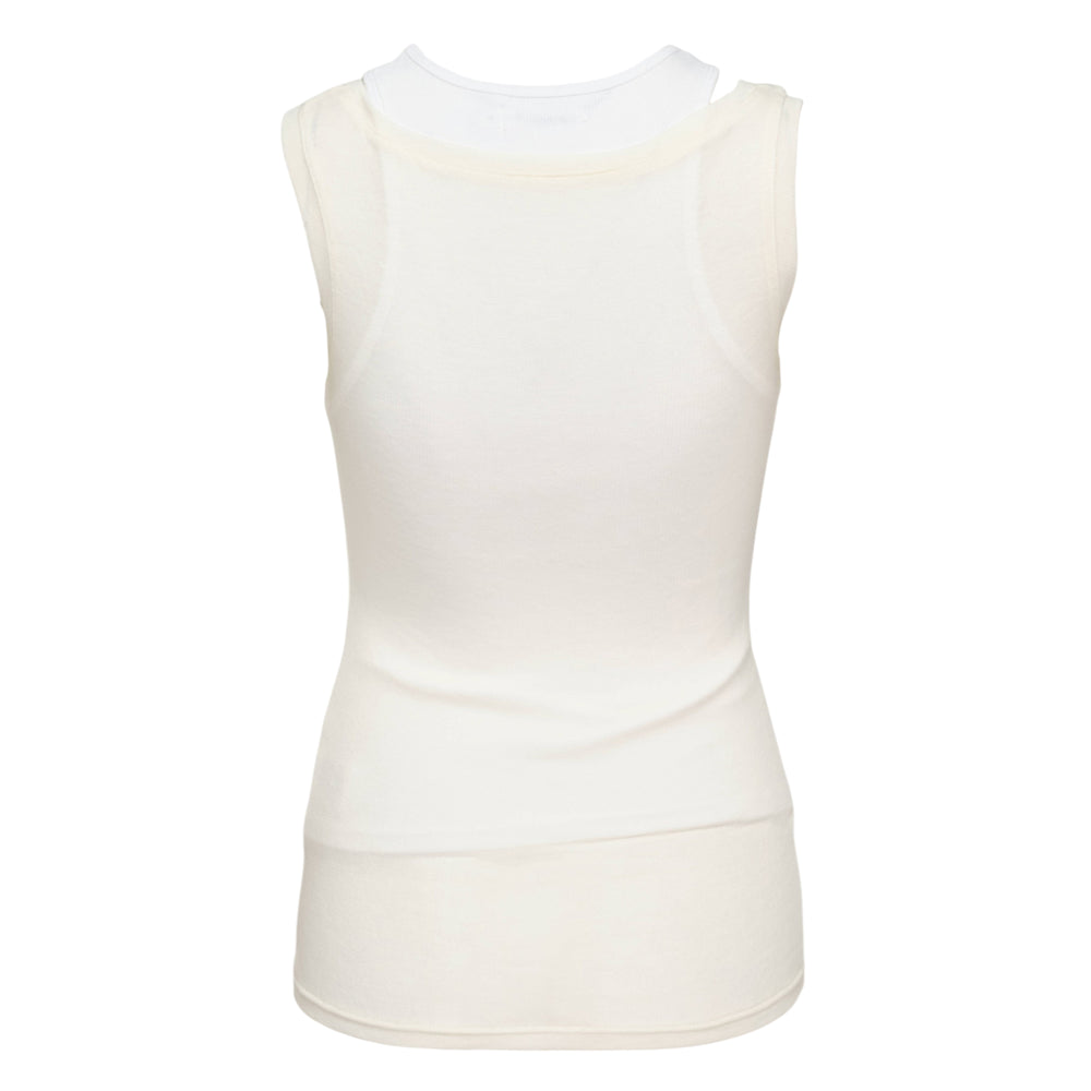 Glowny Soft Layered Scoop Top featuring a semi-sheer navy outer tank over an attached ribbed cream inner, displayed on a flat lay against a white background