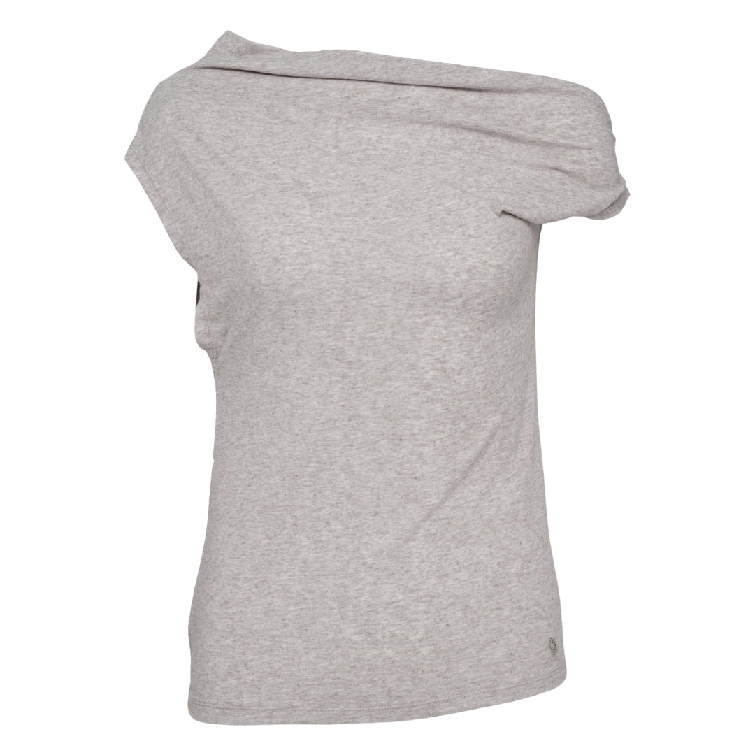 Glowny Tilt Drape Knit Top in heather grey with asymmetric off-shoulder draped neckline, sleeveless silhouette