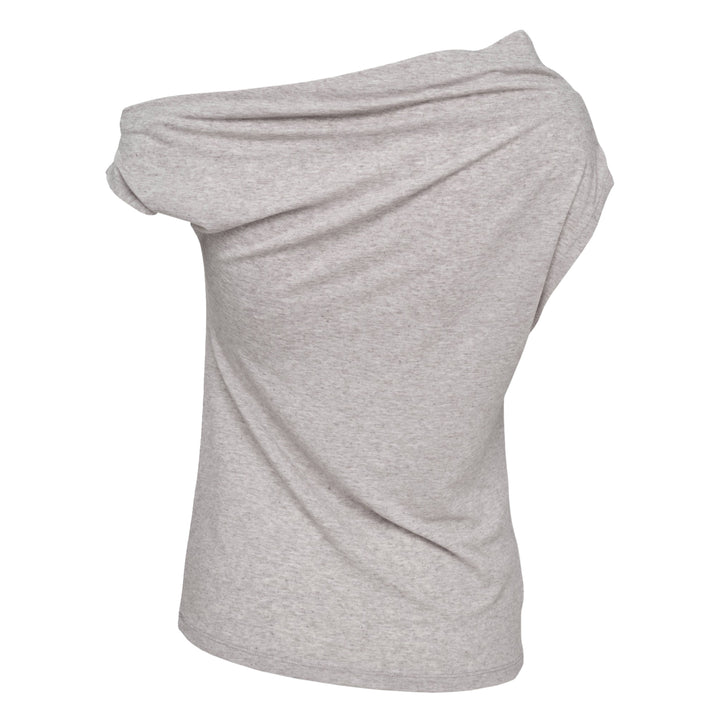 Glowny Tilt Drape Knit Top in heather grey with asymmetric off-shoulder draped neckline, sleeveless silhouette