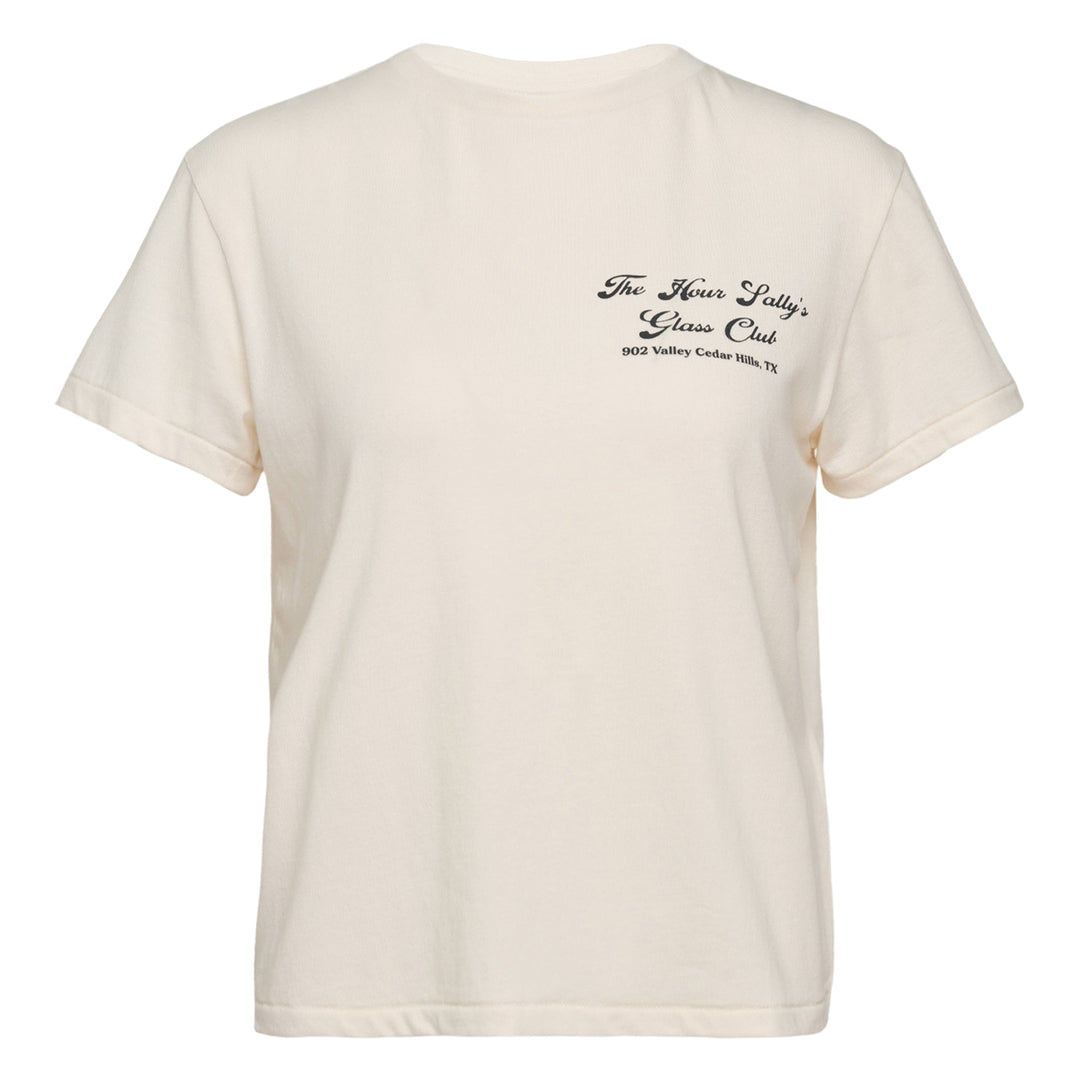 Glowny Glass Club Graphic Tee in cream with vintage cursive script logo print on the chest, relaxed fit with rolled short sleeves