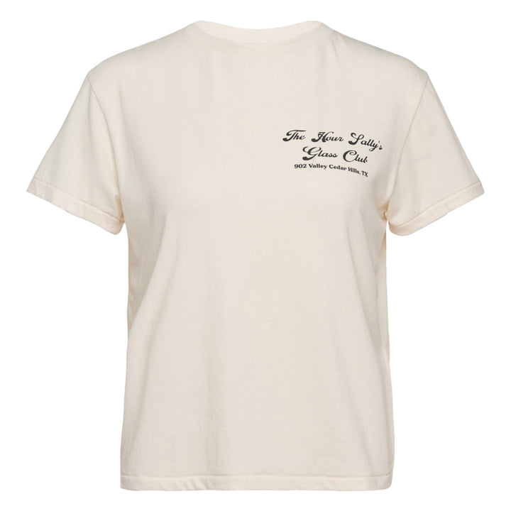 Glowny Glass Club Graphic Tee in cream with vintage cursive script logo print on the chest, relaxed fit with rolled short sleeves