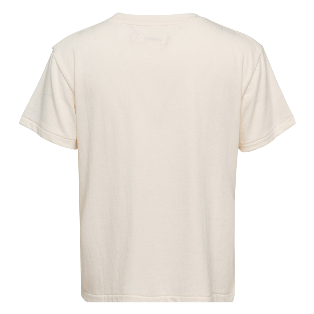 Glowny Glass Club Graphic Tee in cream with vintage cursive script logo print on the chest, relaxed fit with rolled short sleeves