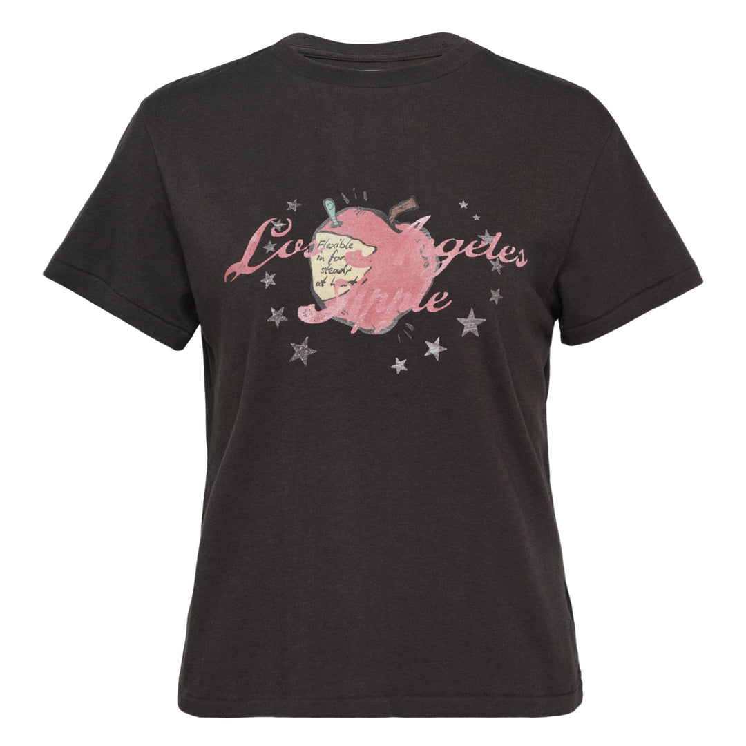 Glowny Los Angeles Apple Graphic Tee in washed charcoal black with pink apple illustration, cursive script lettering and silver star accents on the chest