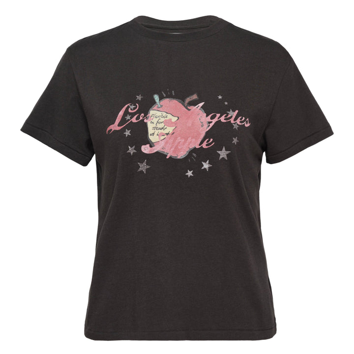 Glowny Los Angeles Apple Graphic Tee in washed charcoal black with pink apple illustration, cursive script lettering and silver star accents on the chest