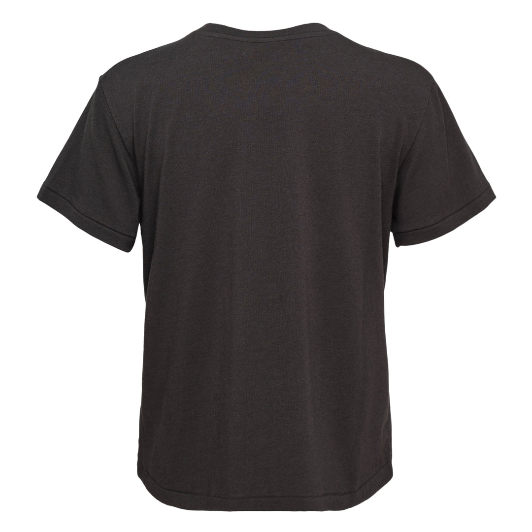 Glowny Los Angeles Apple Graphic Tee in washed charcoal black with pink apple illustration, cursive script lettering and silver star accents on the chest