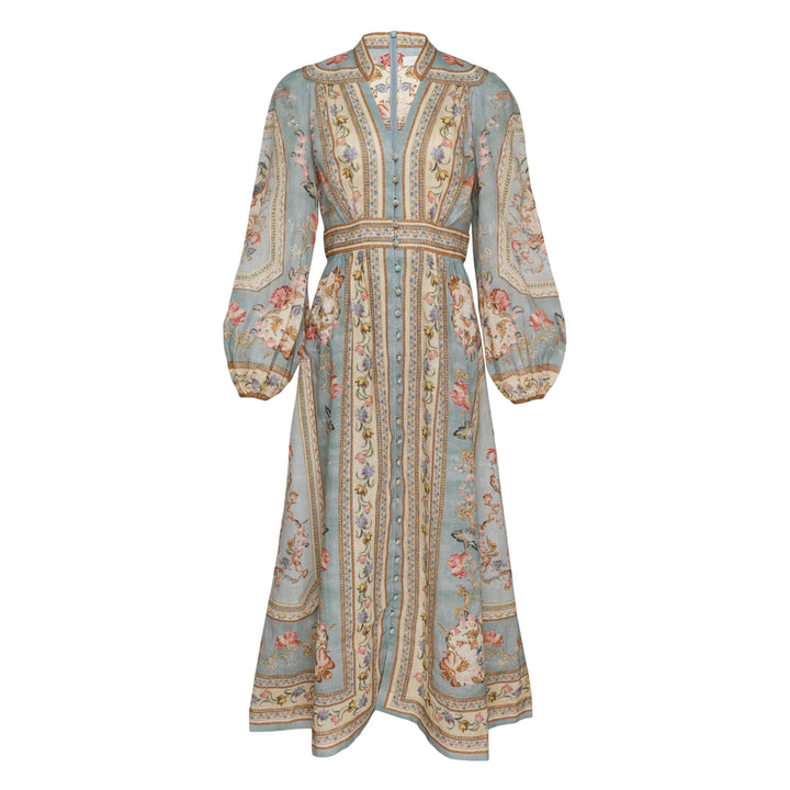 Zimmermann Roselight Plunge Midi Dress in sage blue floral print with V-neckline, jewel button front, and voluminous long bishop sleeves