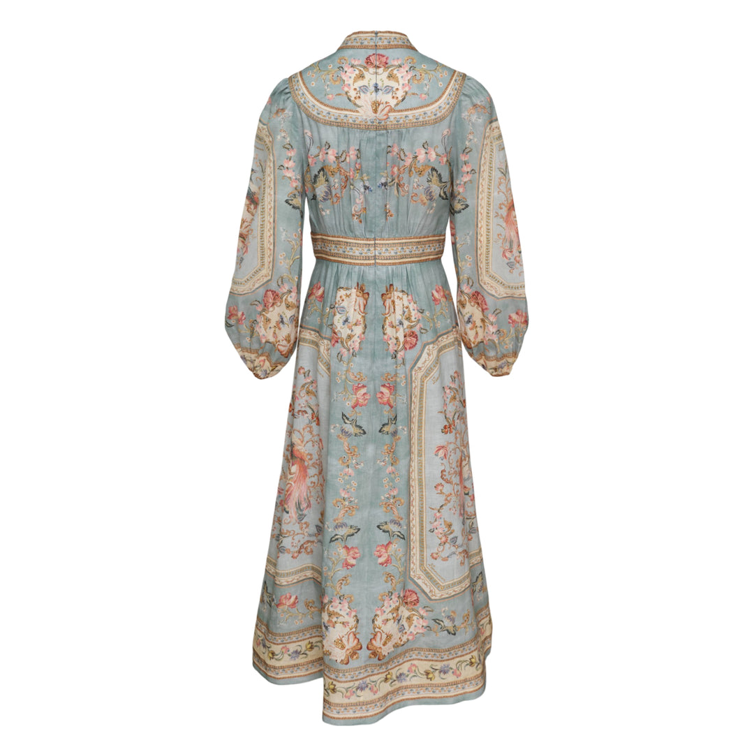 Zimmermann Roselight Plunge Midi Dress in sage blue floral print with V-neckline, jewel button front, and voluminous long bishop sleeves