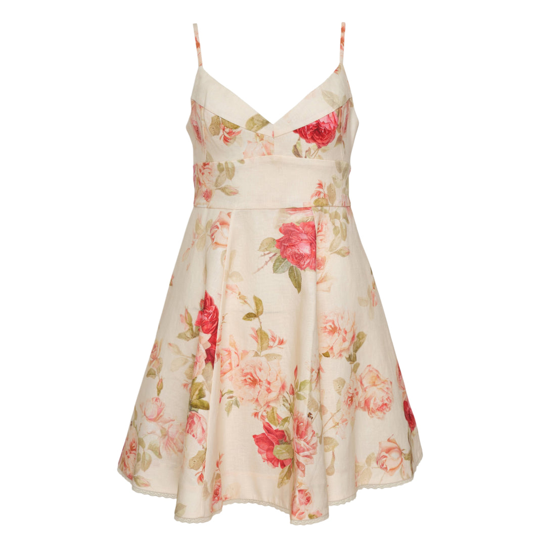 Zimmermann Roselight Picnic Mini Dress in cream with pink rose floral print, V-neckline, spaghetti straps, and flared A-line skirt with lace hem trim