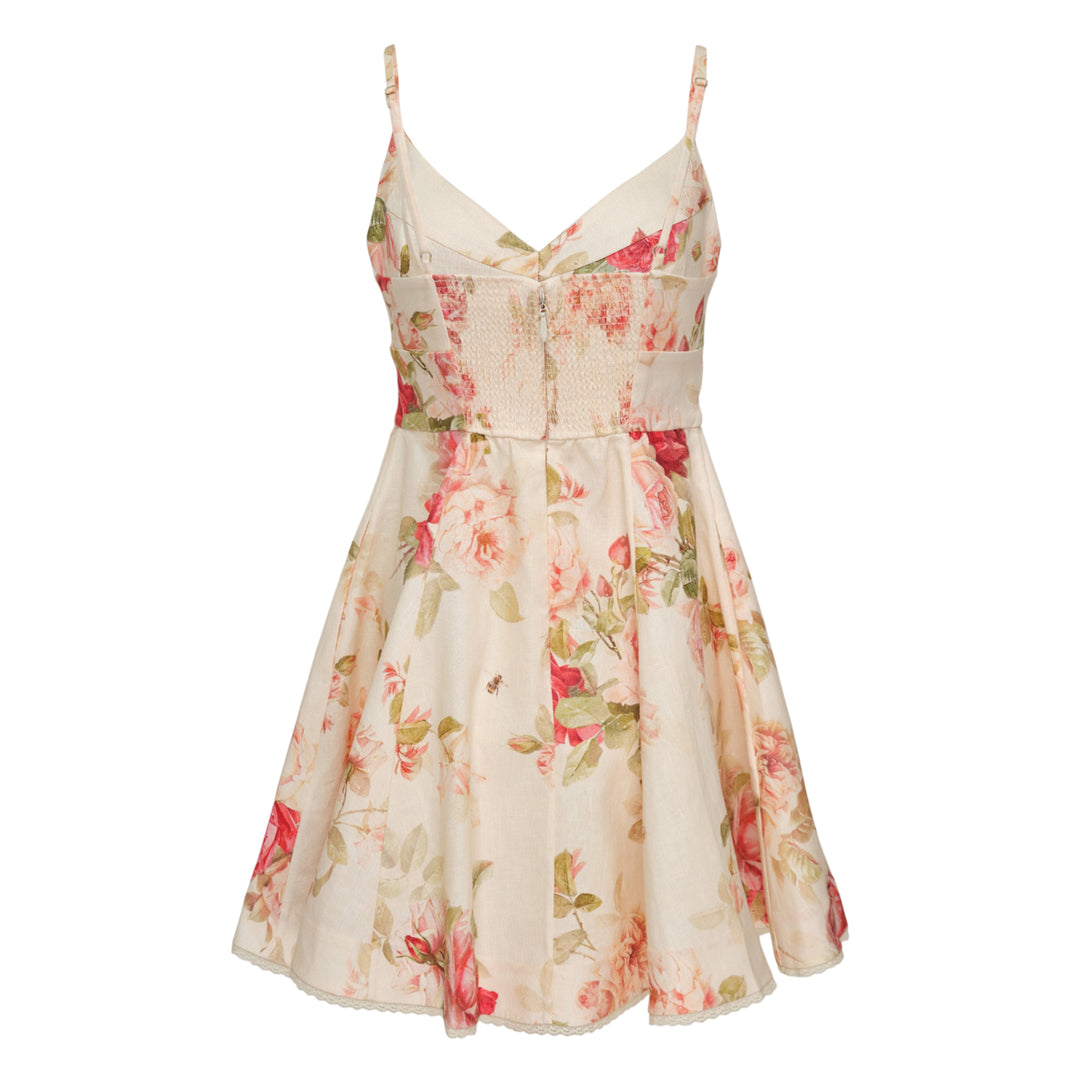 Zimmermann Roselight Picnic Mini Dress in cream with pink rose floral print, V-neckline, spaghetti straps, and flared A-line skirt with lace hem trim