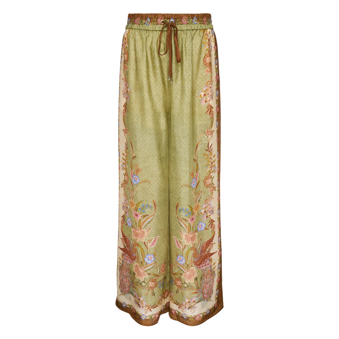 Zimmermann Indra Relaxed Pant in sage green with ornate floral and bird border print, wide-leg silhouette and brown elasticated drawstring waistband
