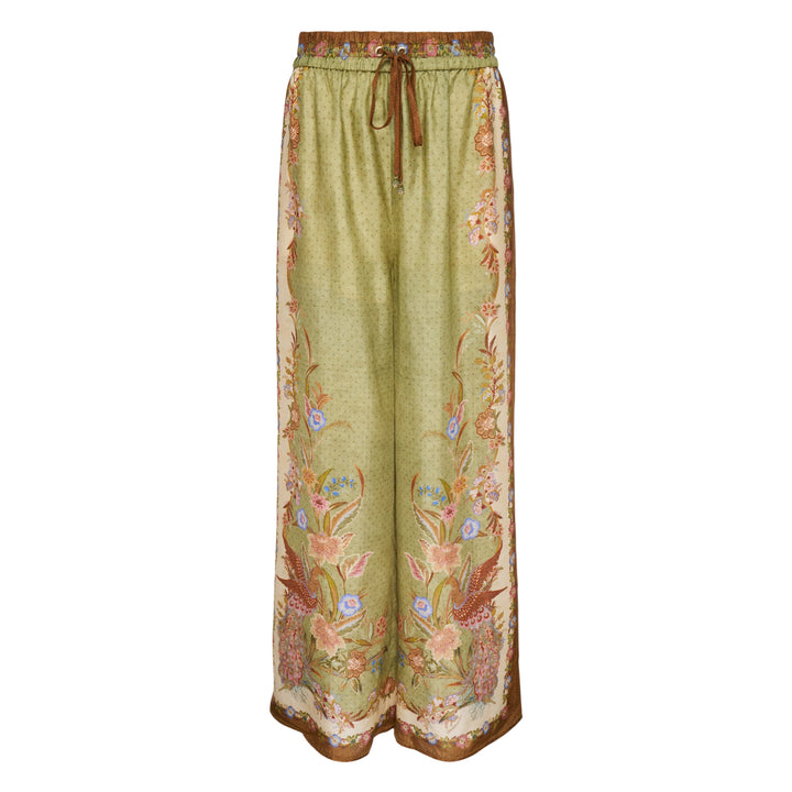 Zimmermann Indra Relaxed Pant in sage green with ornate floral and bird border print, wide-leg silhouette and brown elasticated drawstring waistband