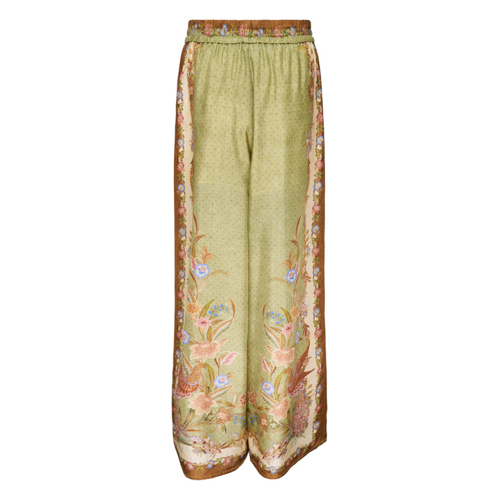 Zimmermann Indra Relaxed Pant in sage green with ornate floral and bird border print, wide-leg silhouette and brown elasticated drawstring waistband