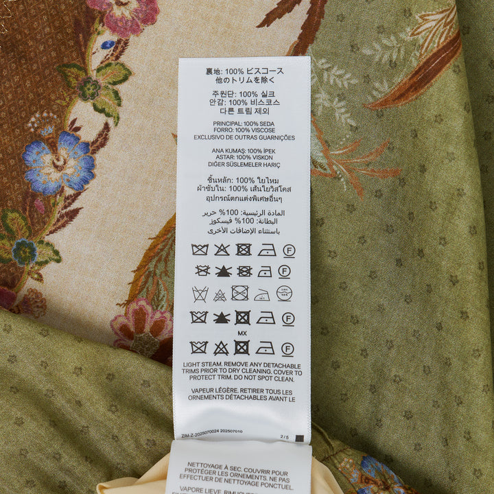 Zimmermann Indra Relaxed Pant in sage green with ornate floral and bird border print, wide-leg silhouette and brown elasticated drawstring waistband