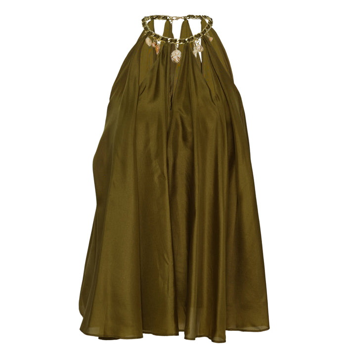 Zimmermann Mahon Blouse in olive silk with gold chain and seashell charm neckline, featuring a flowing halter silhouette