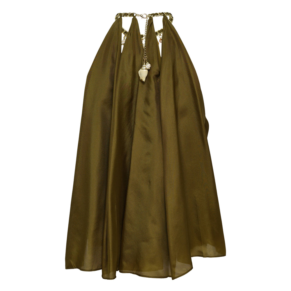 Zimmermann Mahon Blouse in olive silk with gold chain and seashell charm neckline, featuring a flowing halter silhouette