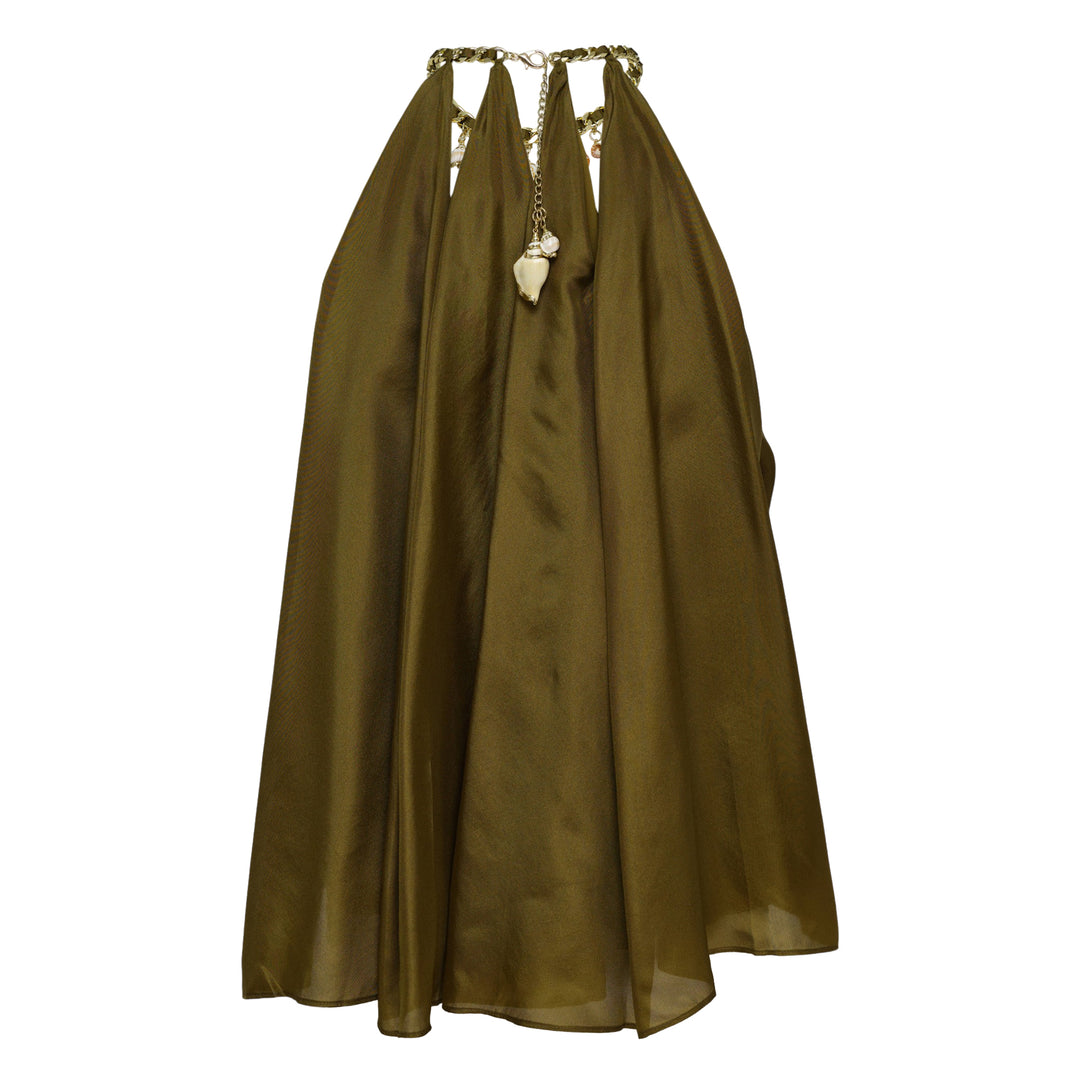 Zimmermann Mahon Blouse in olive silk with gold chain and seashell charm neckline, featuring a flowing halter silhouette