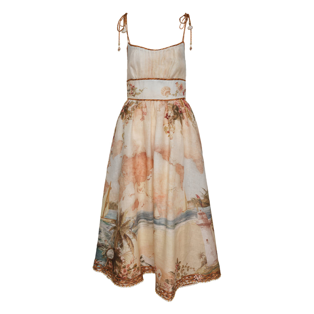 Zimmermann Mahon Picnic Dress in vintage world map and coastal print linen with tie shoulders, rope trim, and handkerchief hem