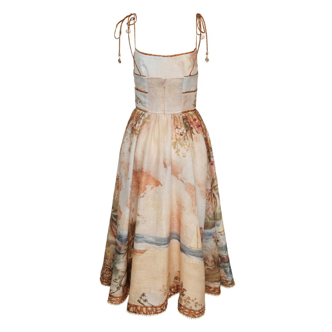 Zimmermann Mahon Picnic Dress in vintage world map and coastal print linen with tie shoulders, rope trim, and handkerchief hem