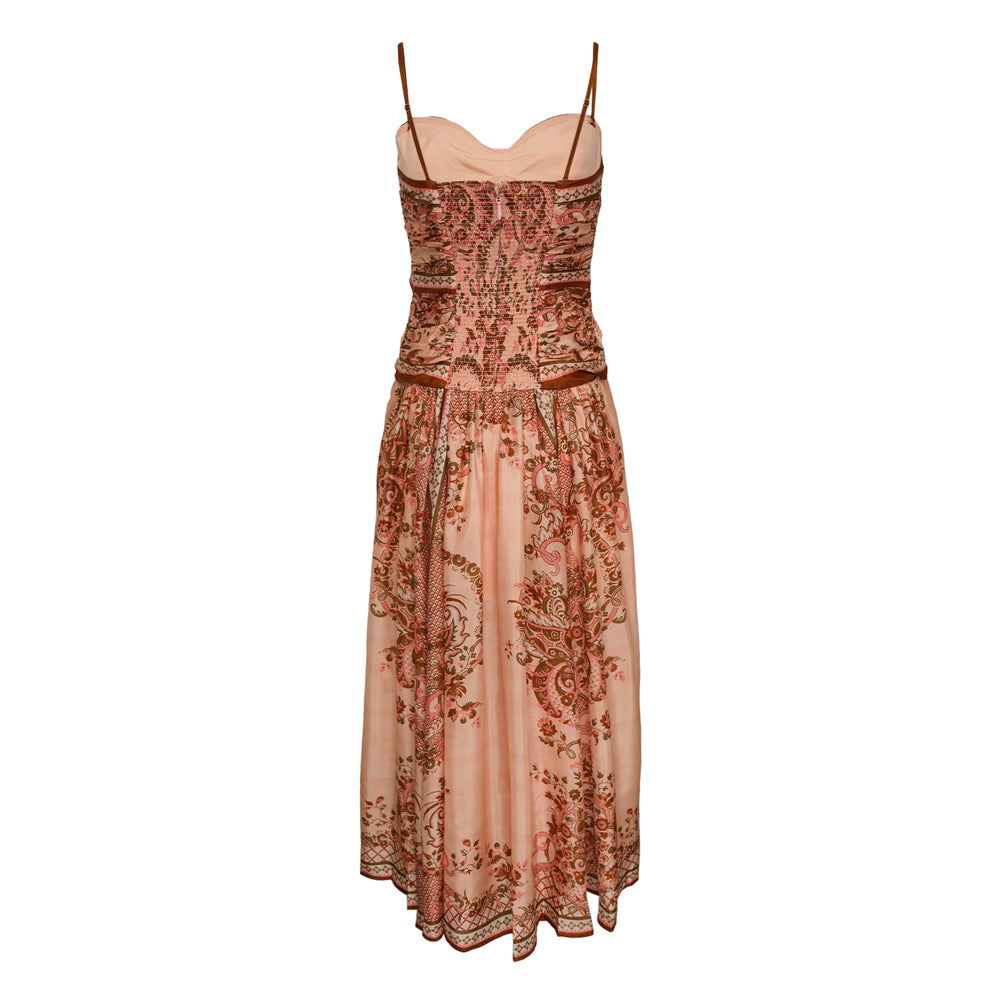 Zimmermann Aster Scarf Midi Dress in blush paisley print with front bow tie, sweetheart bustier bodice and spaghetti straps