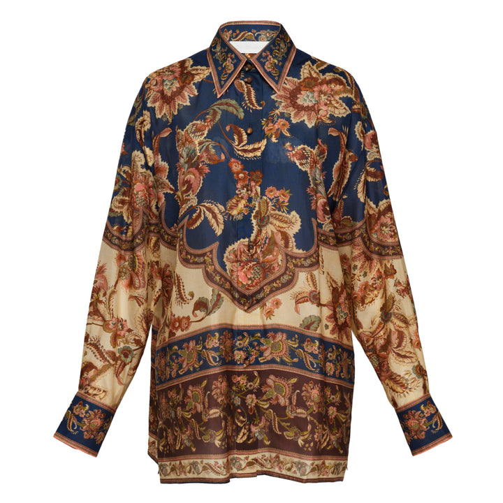 Zimmermann Aster Relaxed Shirt with ornate paisley and floral print in navy, cream, rust and blush tones, featuring a point collar and long sleeves with buttoned cuffs
