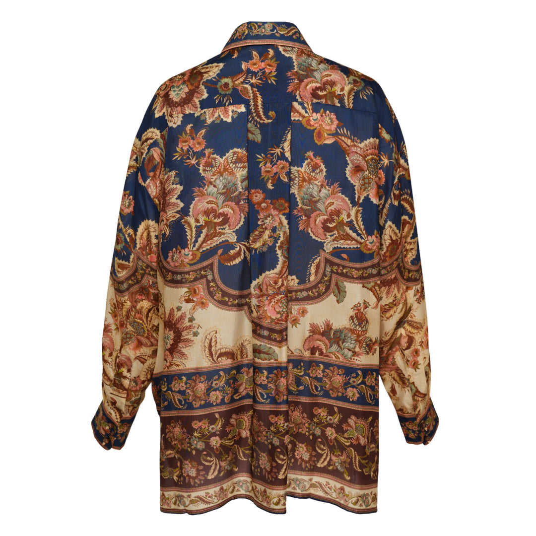 Zimmermann Aster Relaxed Shirt with ornate paisley and floral print in navy, cream, rust and blush tones, featuring a point collar and long sleeves with buttoned cuffs