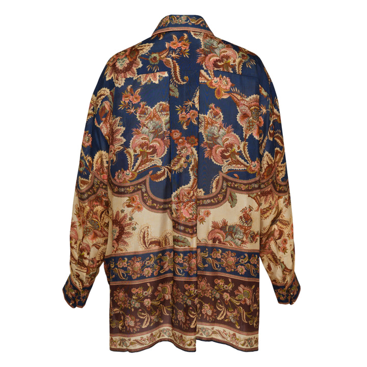 Zimmermann Aster Relaxed Shirt with ornate paisley and floral print in navy, cream, rust and blush tones, featuring a point collar and long sleeves with buttoned cuffs