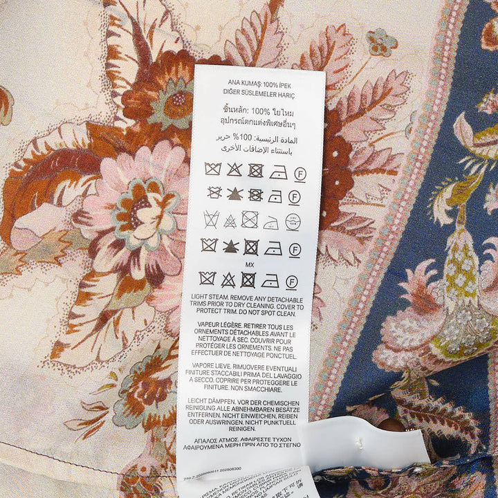 Zimmermann Aster Relaxed Shirt with ornate paisley and floral print in navy, cream, rust and blush tones, featuring a point collar and long sleeves with buttoned cuffs