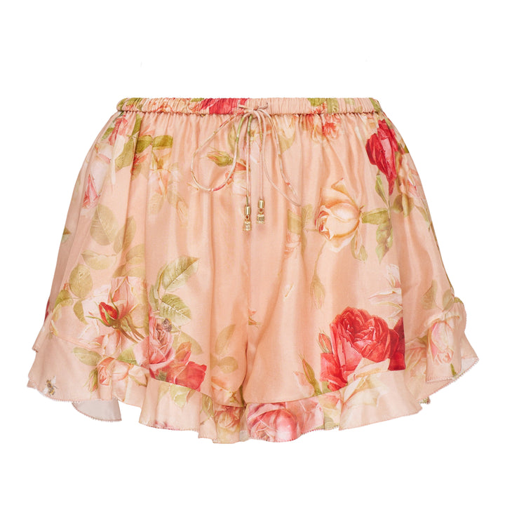 Zimmermann Roselight Frill Short in blush pink with red and pink rose floral print, elasticated drawstring waist with gold tassel ties and double ruffle hem