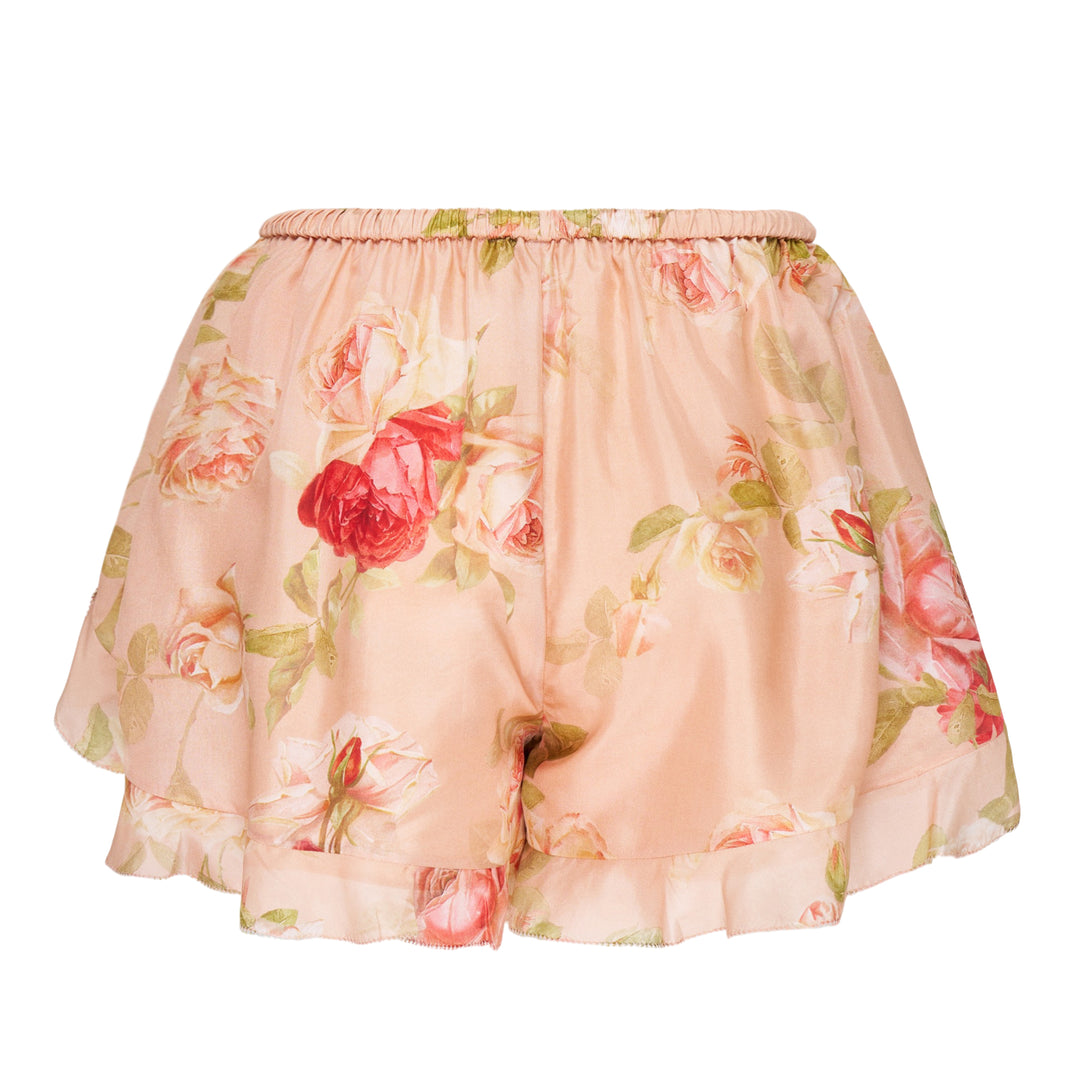 Zimmermann Roselight Frill Short in blush pink with red and pink rose floral print, elasticated drawstring waist with gold tassel ties and double ruffle hem