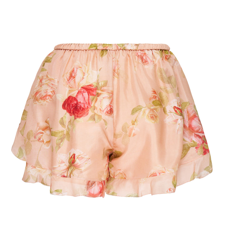 Zimmermann Roselight Frill Short in blush pink with red and pink rose floral print, elasticated drawstring waist with gold tassel ties and double ruffle hem