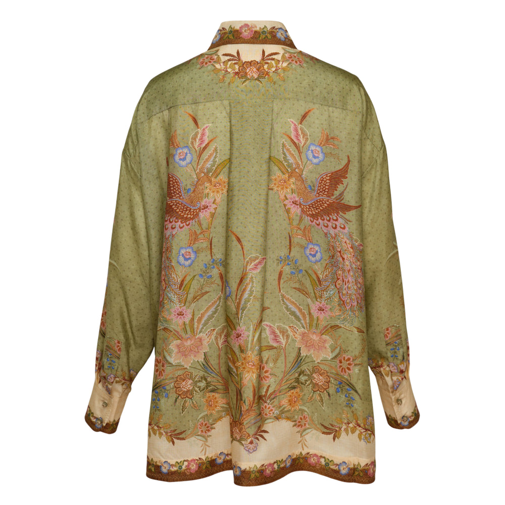 Zimmermann Indra Relaxed Shirt in sage green with floral botanical and exotic bird print, contrast cream placket and cuffs with ornate border trim