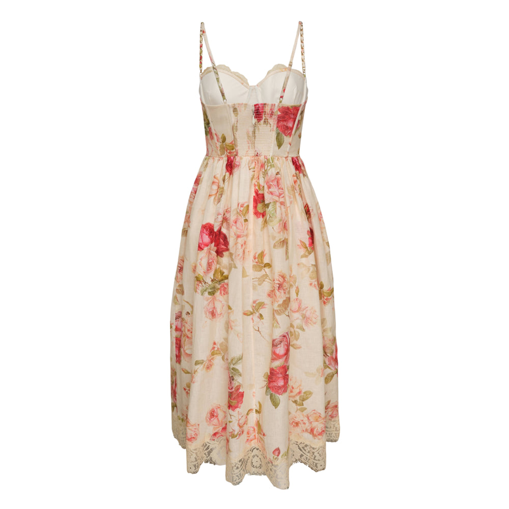 Zimmermann Roselight Picnic Maxi Dress in cream with watercolour rose floral print, scalloped lace sweetheart bustier bodice, thin straps, and lace hem trim