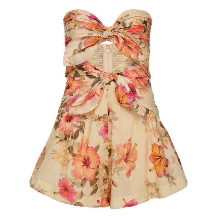 Zimmermann Mahon strapless floral playsuit with knotted bow detail and hibiscus print in coral, pink and cream